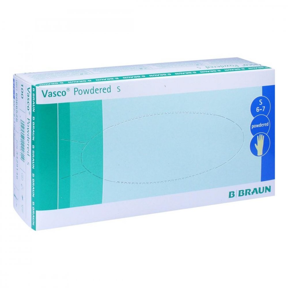 Das Produktfoto zeigt Vasco Untersuchungshandschuhe Gepudert Klein (100 stk) PZN 03429146