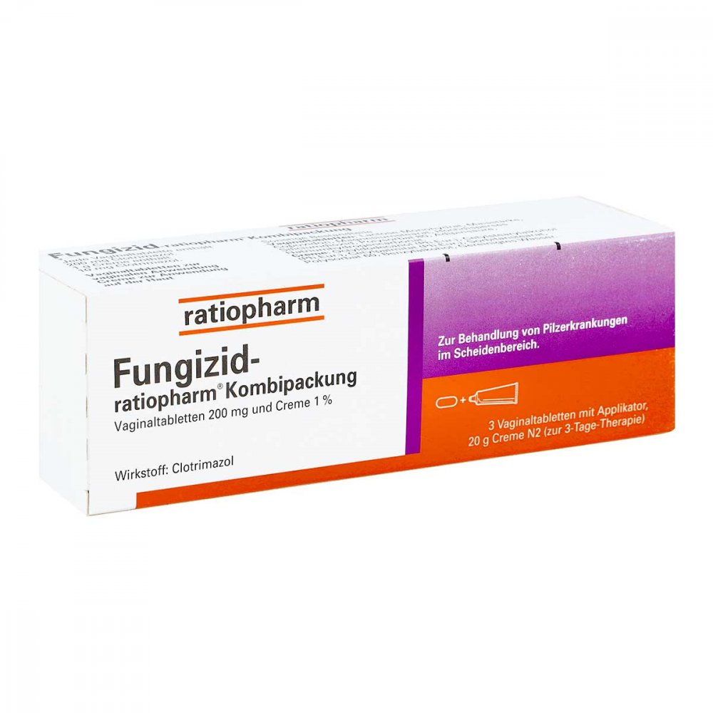 Das Produktfoto zeigt Fungizid-Ratiopharm 3 Vag.-Tbl.+ 20g Creme (1 Pck) PZN 03435566