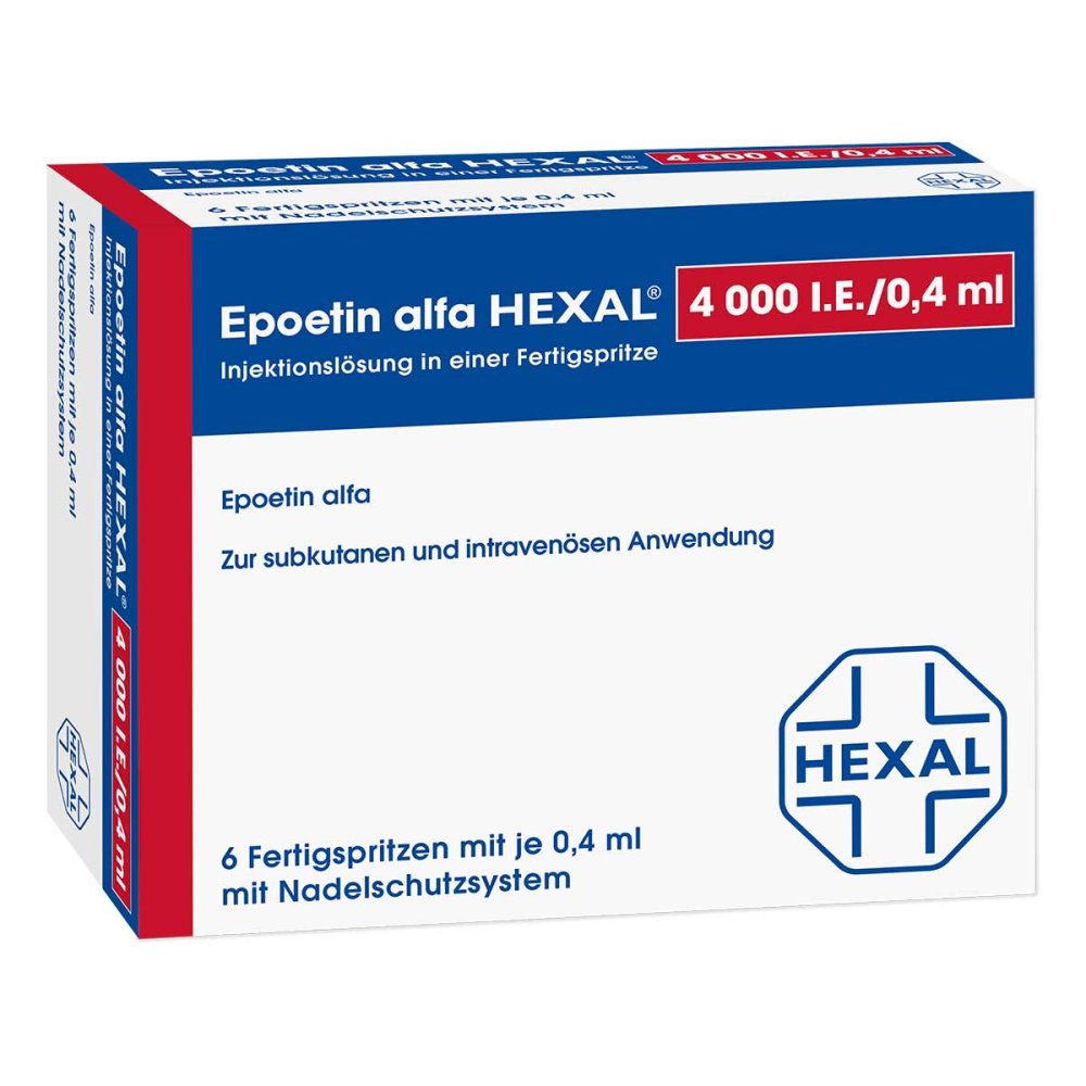 Das Produktfoto zeigt Epoetin Alfa Hexal 4.000 I.E./0,4ml Inj.-L.F.Sp. (6X0.4 ml) PZN 03438062
