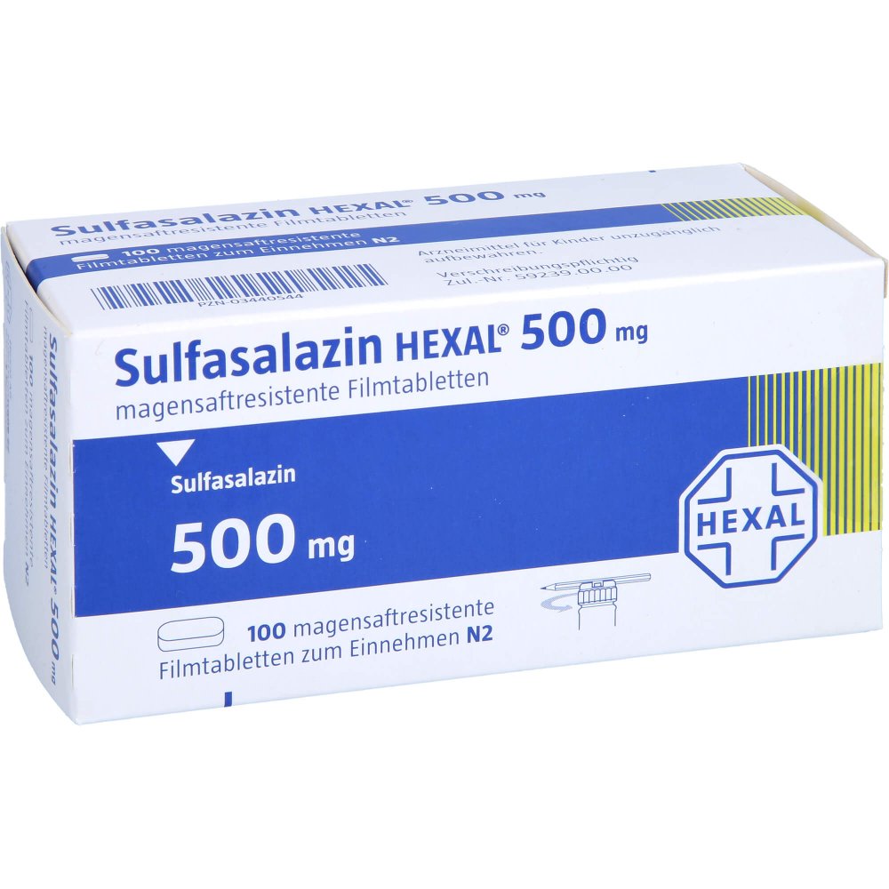 Das Produktfoto zeigt Sulfasalazin Hexal 500 Mg Magensaftr.Filmtabletten (100 stk) PZN 03440544