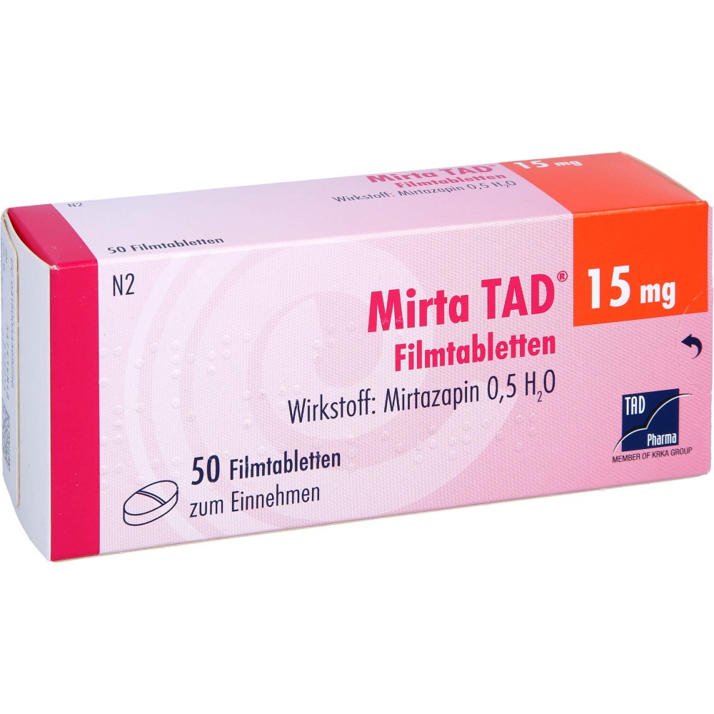 Das Produktfoto zeigt Mirta Tad 15 Mg Filmtabletten (50 stk) PZN 03446825