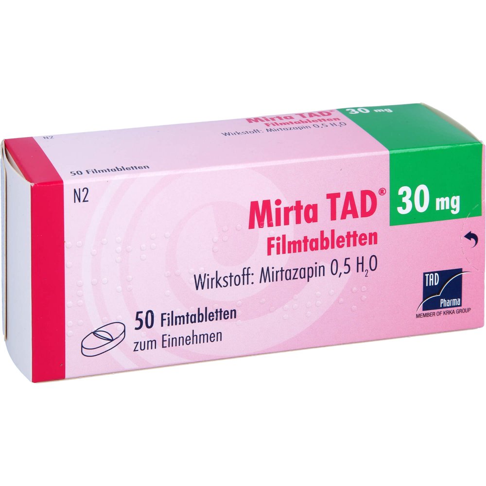 Das Produktfoto zeigt Mirta Tad 30 Mg Filmtabletten (50 stk) PZN 03447115
