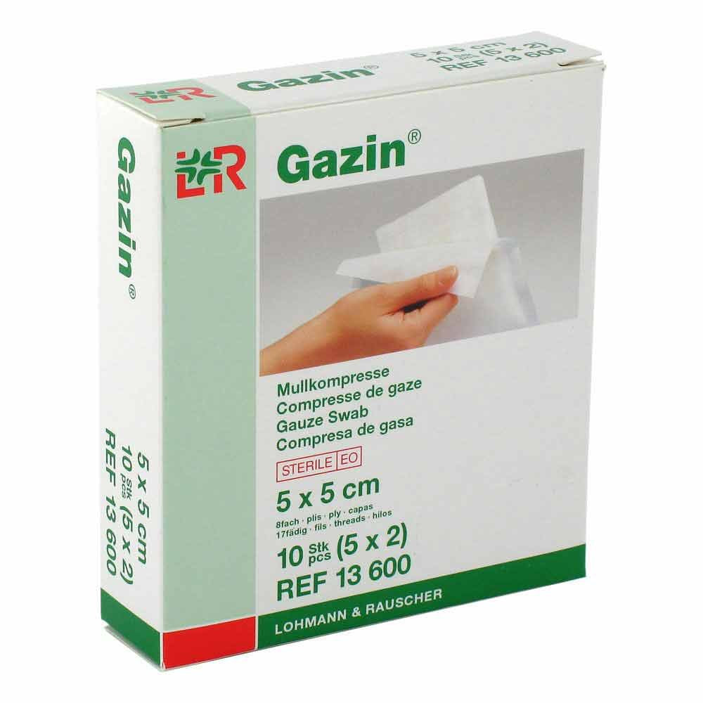 Das Produktfoto zeigt Gazin Mullkomp.5x5 Cm Steril 8fach (5X2 stk) PZN 03448965