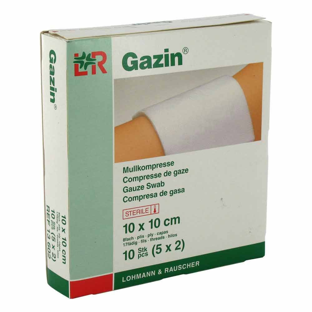 Das Produktfoto zeigt Gazin Mullkomp.10x10 Cm Steril 8fach (5X2 stk) PZN 03448988