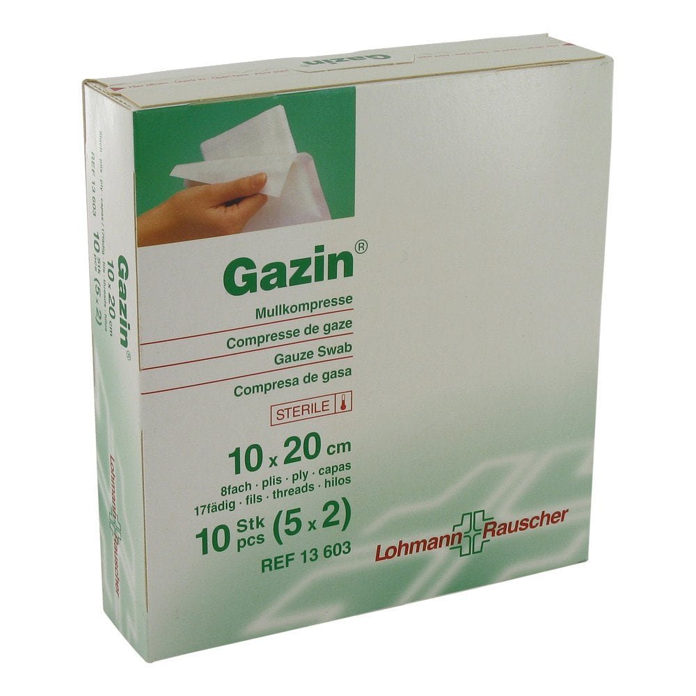 Das Produktfoto zeigt Gazin Mullkomp.10x20 Cm Steril 8fach (5X2 stk) PZN 03448994