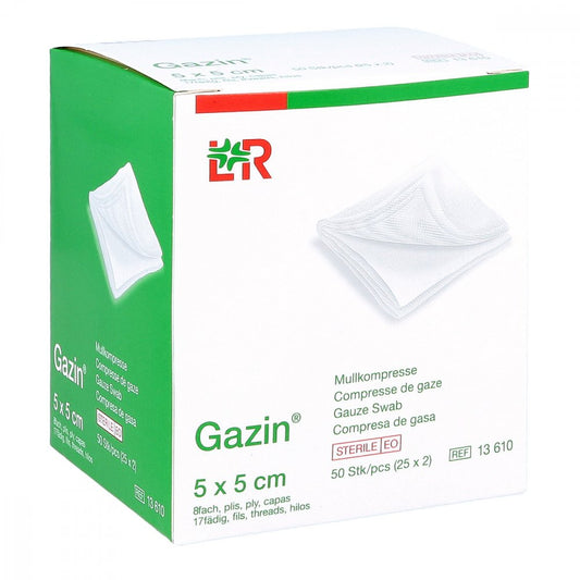 Das Produktfoto zeigt Gazin Mullkomp.5x5 Cm Steril 8fach (25X2 stk) PZN 03449002