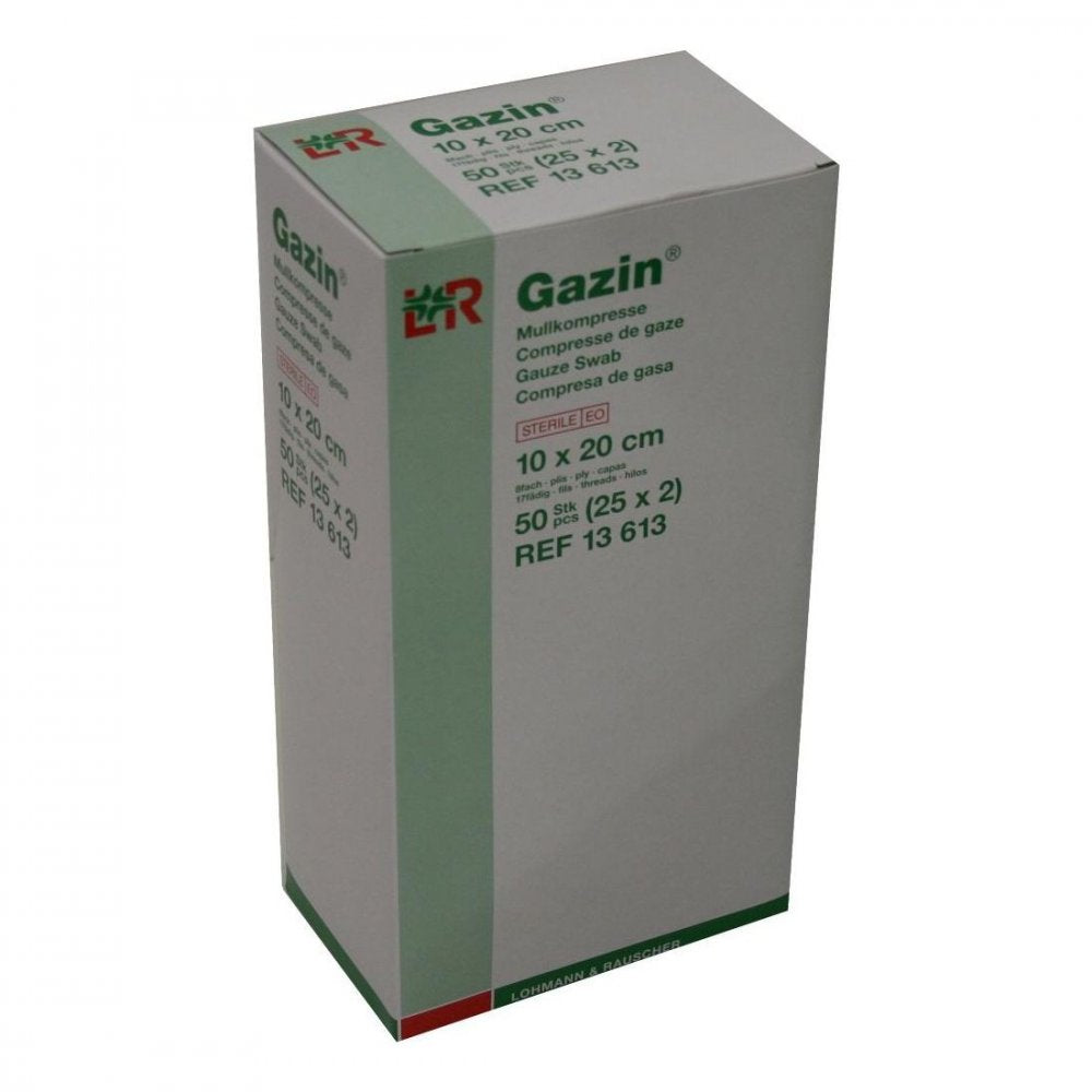Das Produktfoto zeigt Gazin Mullkomp.10x20 Cm Steril 8fach (25X2 stk) PZN 03449031