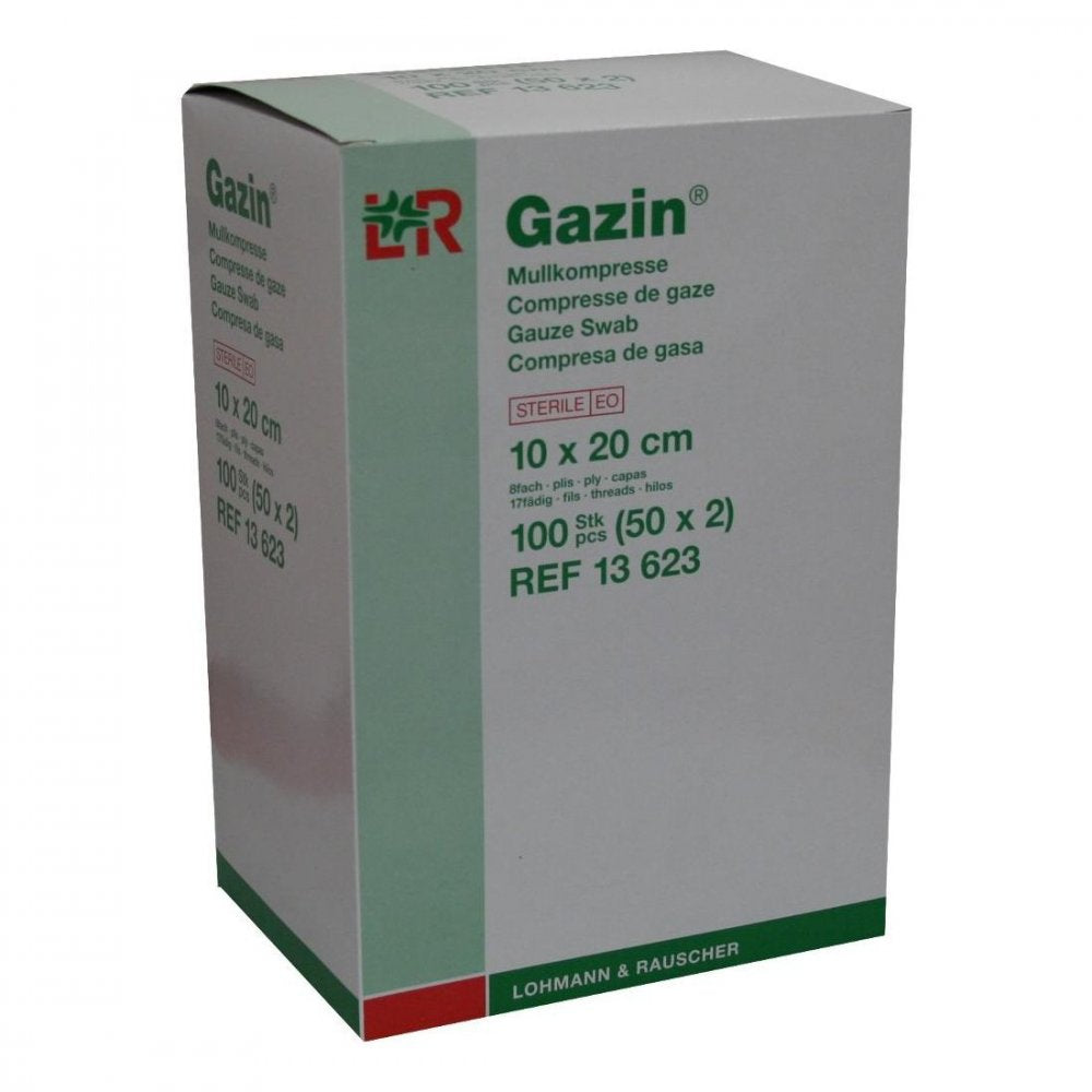 Das Produktfoto zeigt Gazin Mullkomp.10x20 Cm Steril 8fach (50X2 stk) PZN 03449077