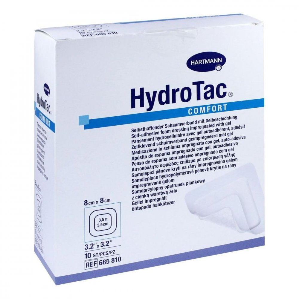 Das Produktfoto zeigt Hydrotac Comfort Schaumverband 8x8 Cm Steril (10 stk) PZN 03452636
