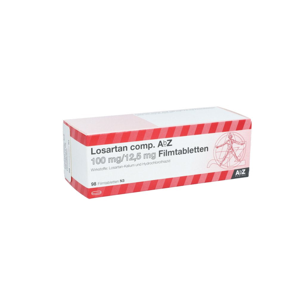 Das Produktfoto zeigt Losartan Comp. Abz 100/12,5 Mg Filmtabletten (98 stk) PZN 03456019