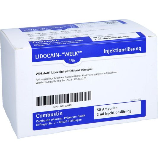 Das Produktfoto zeigt Lidocain Welk 1% Injektionslösung Ampullen (50X2 ml) PZN 03463019
