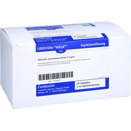Das Produktfoto zeigt Lidocain Welk 1% Injektionslösung Ampullen (50X5 ml) PZN 03463031
