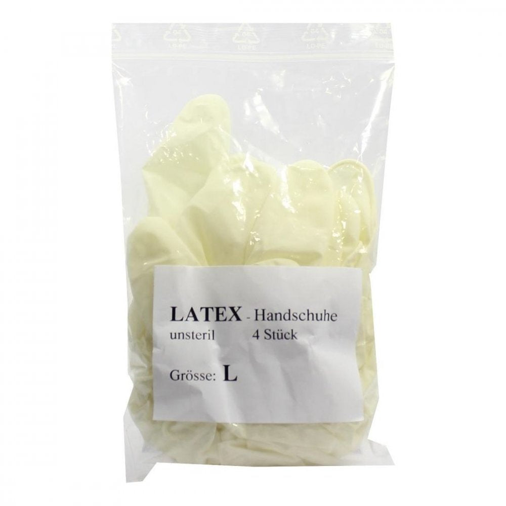 Das Produktfoto zeigt Handschuhe Einmal Latex Unsteril Groß (4 stk) PZN 03465159