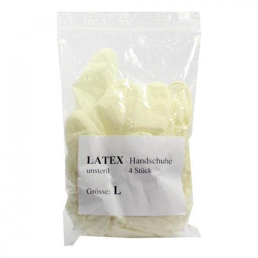 Das Produktfoto zeigt Handschuhe Einmal Latex Unsteril Groß (4 stk) PZN 03465159