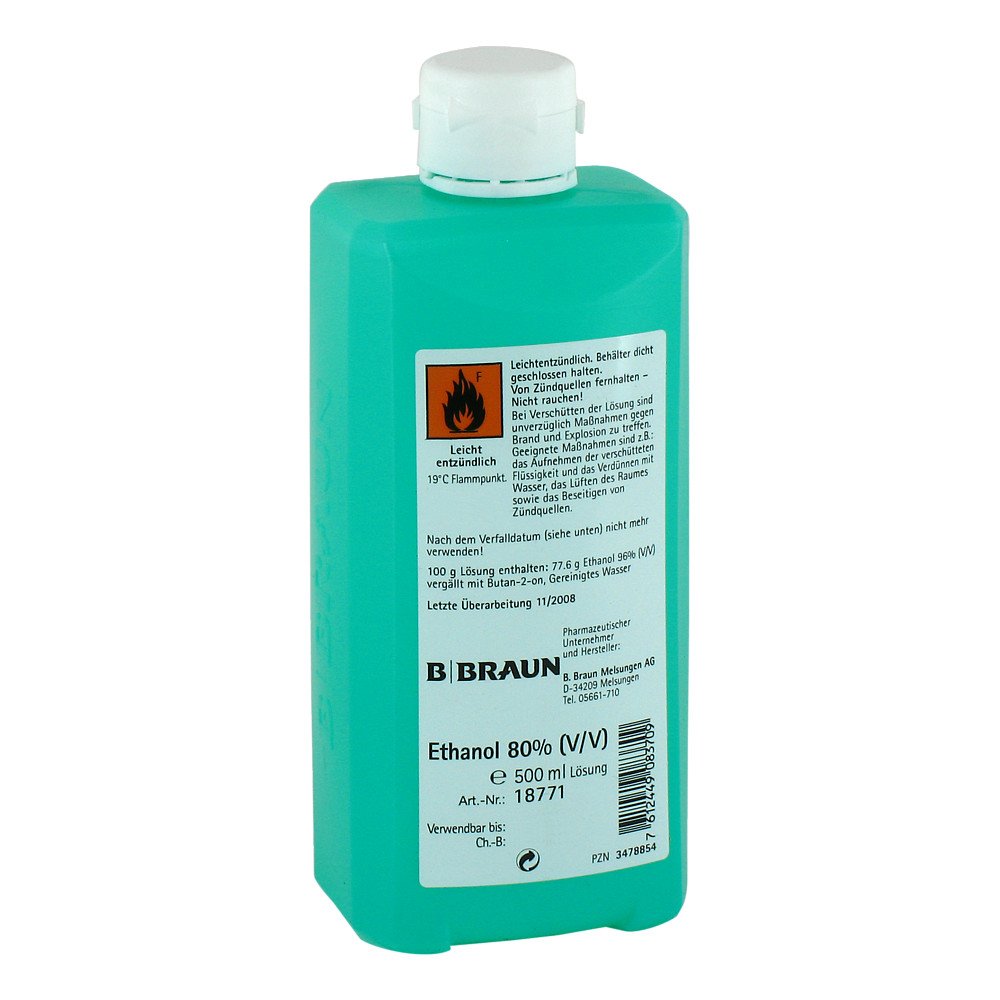 Das Produktfoto zeigt Ethanol 80% V/V Hyg.Hände (500 ml) PZN 03478854