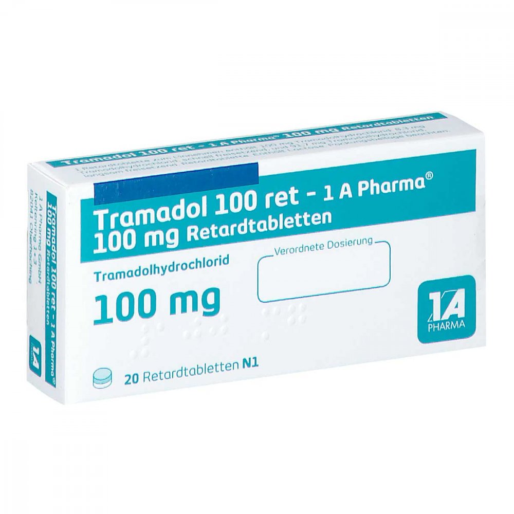 Das Produktfoto zeigt Tramadol 100 Ret-1a Pharma Retardtabletten (20 stk) PZN 03480791