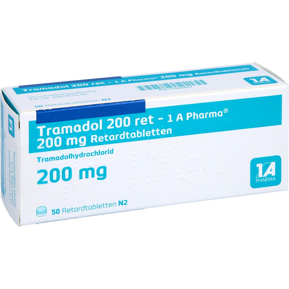 Das Produktfoto zeigt Tramadol 200 Ret-1a Pharma Retardtabletten (50 stk) PZN 03480897