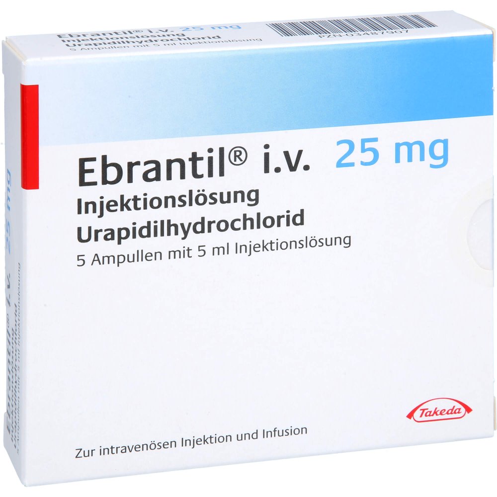 Das Produktfoto zeigt Ebrantil I.V. 25 Mg Injektionslösung (5X5 ml) PZN 03487907