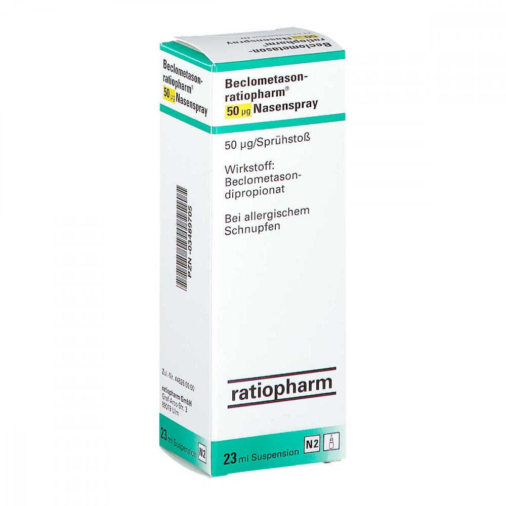 Das Produktfoto zeigt Beclometason-Ratiopharm 50 Μg Nasenspray 200 Hub (1 stk) PZN 03489705