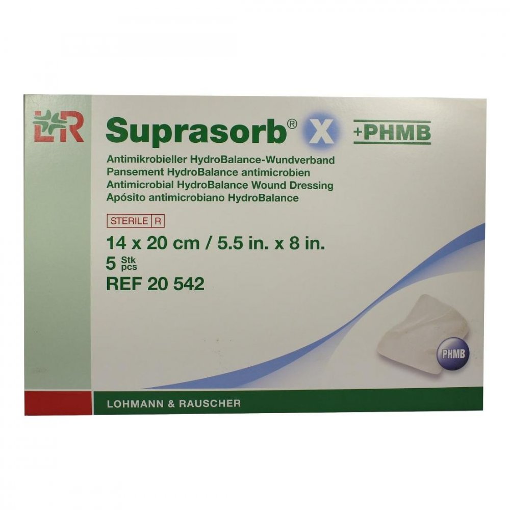 Das Produktfoto zeigt Suprasorb X+Phmb Hydrobalance Wundverb.14x20 Cm (5 stk) PZN 03490849