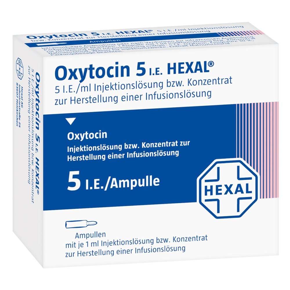 Das Produktfoto zeigt Oxytocin 5 Hexal Injektions-/Infusionslösung (10X1 ml) PZN 03495433