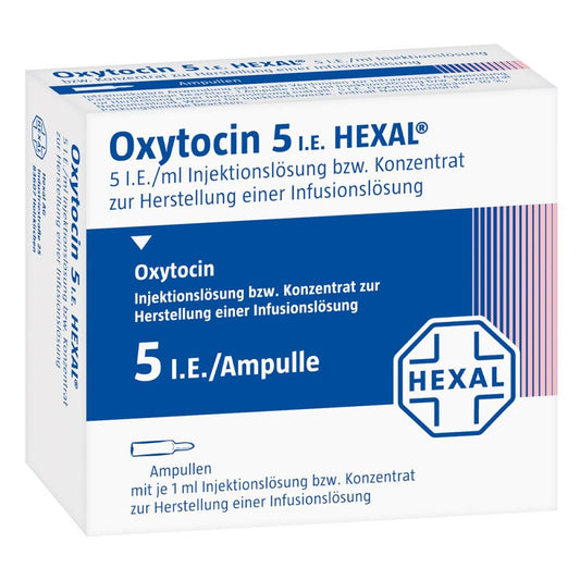 Das Produktfoto zeigt Oxytocin 5 Hexal Injektions-/Infusionslösung (10X1 ml) PZN 03495433