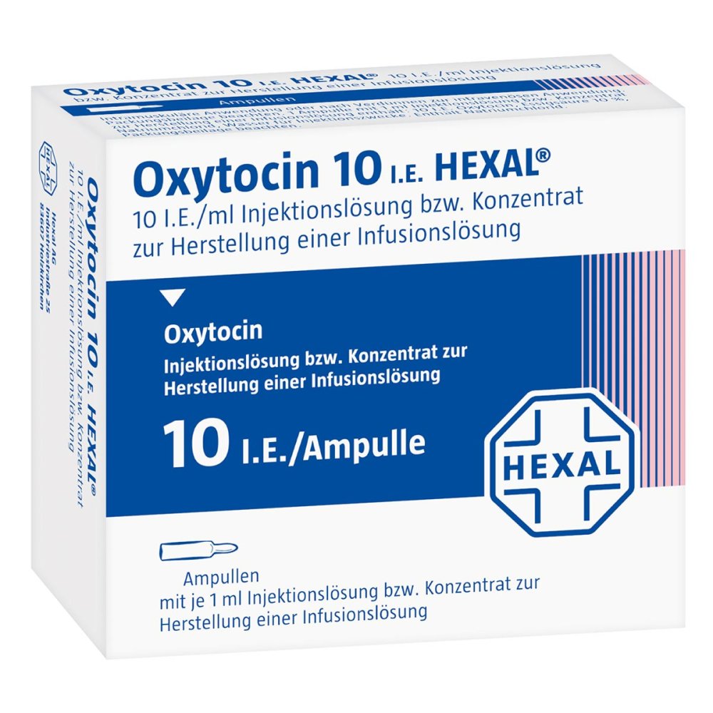 Das Produktfoto zeigt Oxytocin 10 Hexal Injektions-/Infusionslösung (10X1 ml) PZN 03495462
