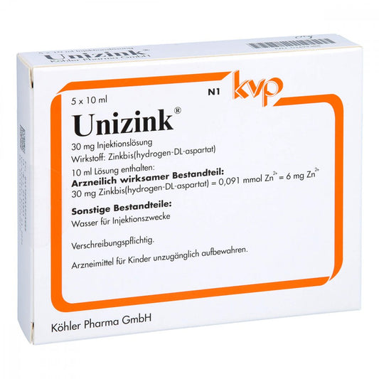 Das Produktfoto zeigt Unizink Injektionslösung In Ampullen (5X10 ml) PZN 03499388