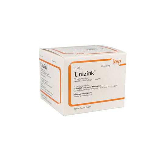 Das Produktfoto zeigt Unizink Injektionslösung In Ampullen (25X10 ml) PZN 03499394