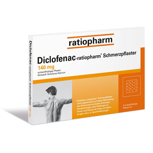 Das Produktfoto zeigt Diclofenac-Ratiopharm Schmerzpflaster (5 stk) PZN 03500921