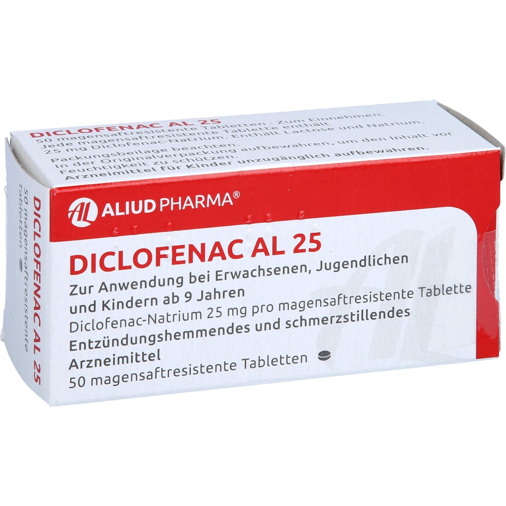 Das Produktfoto zeigt Diclofenac Al 25 Magensaftresistente Tabletten (50 stk) PZN 03525370