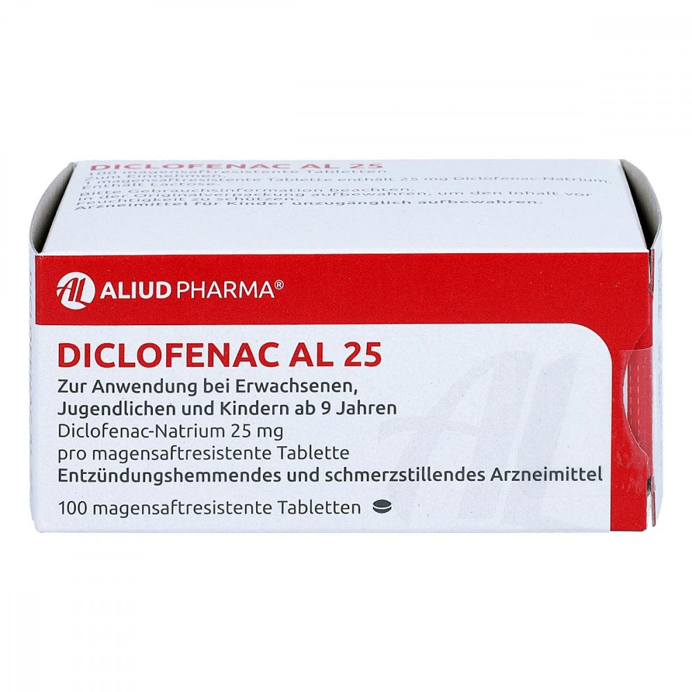 Das Produktfoto zeigt Diclofenac Al 25 Magensaftresistente Tabletten (100 stk) PZN 03525387