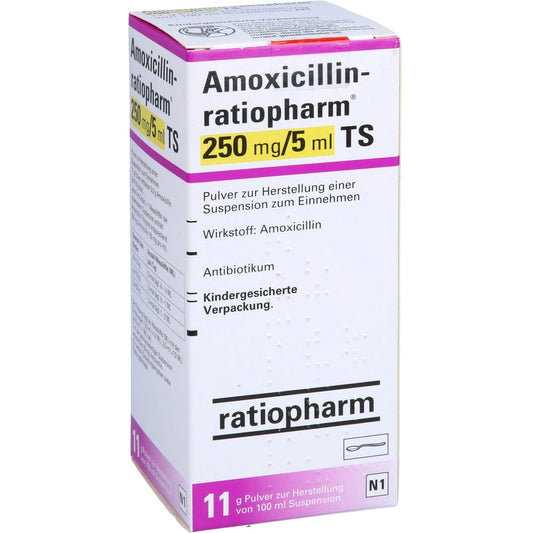 Das Produktfoto zeigt Amoxicillin-Ratiopharm 250mg/5ml Ts Plv.Sus.-Hst. (100 ml) PZN 03525915