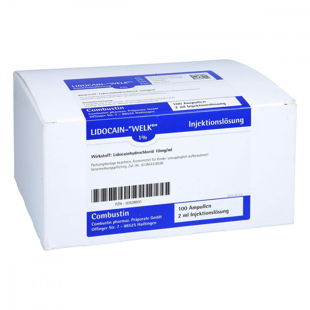 Das Produktfoto zeigt Lidocain Welk 1% Injektionslösung Ampullen (100X2 ml) PZN 03528931