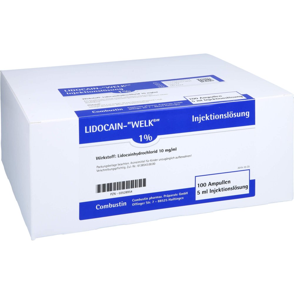 Das Produktfoto zeigt Lidocain Welk 1% Injektionslösung Ampullen (100X5 ml) PZN 03528954