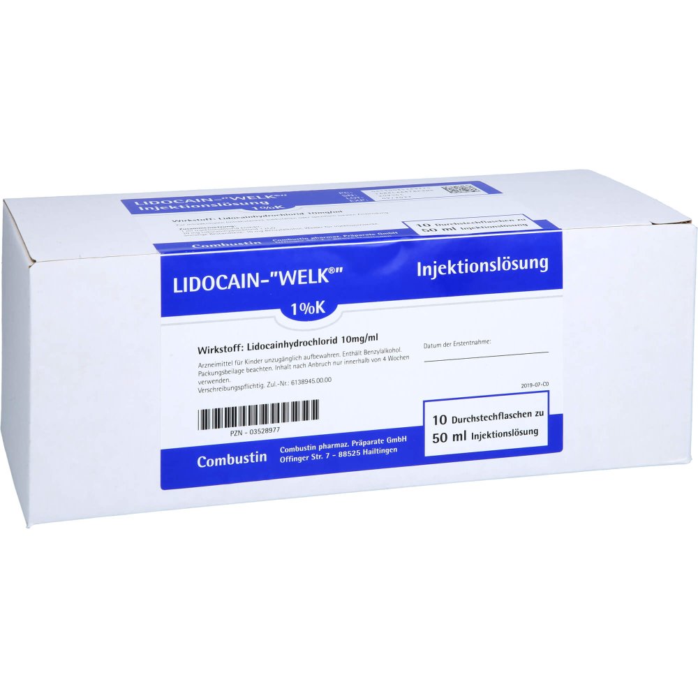 Das Produktfoto zeigt Lidocain Welk 1% K Injektionslösung Dsfl. (10X50 ml) PZN 03528977
