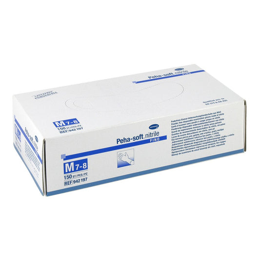 Das Produktfoto zeigt Peha-Soft Nitrile Fino Unt.Hands.Unsteril Pf M (150 stk) PZN 03539509