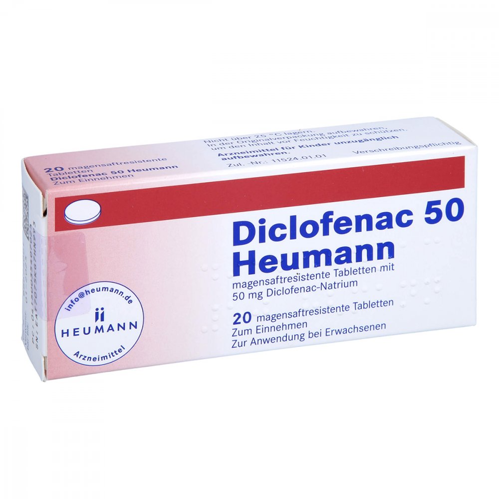 Das Produktfoto zeigt Diclofenac 50 Heumann Magensaftres.Tabletten (20 stk) PZN 03540702
