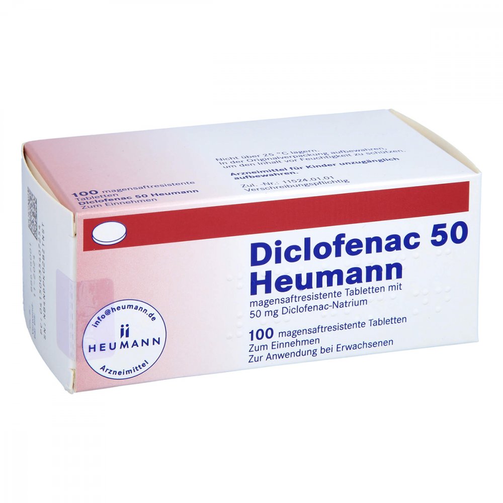 Das Produktfoto zeigt Diclofenac 50 Heumann Magensaftres.Tabletten (100 stk) PZN 03540725