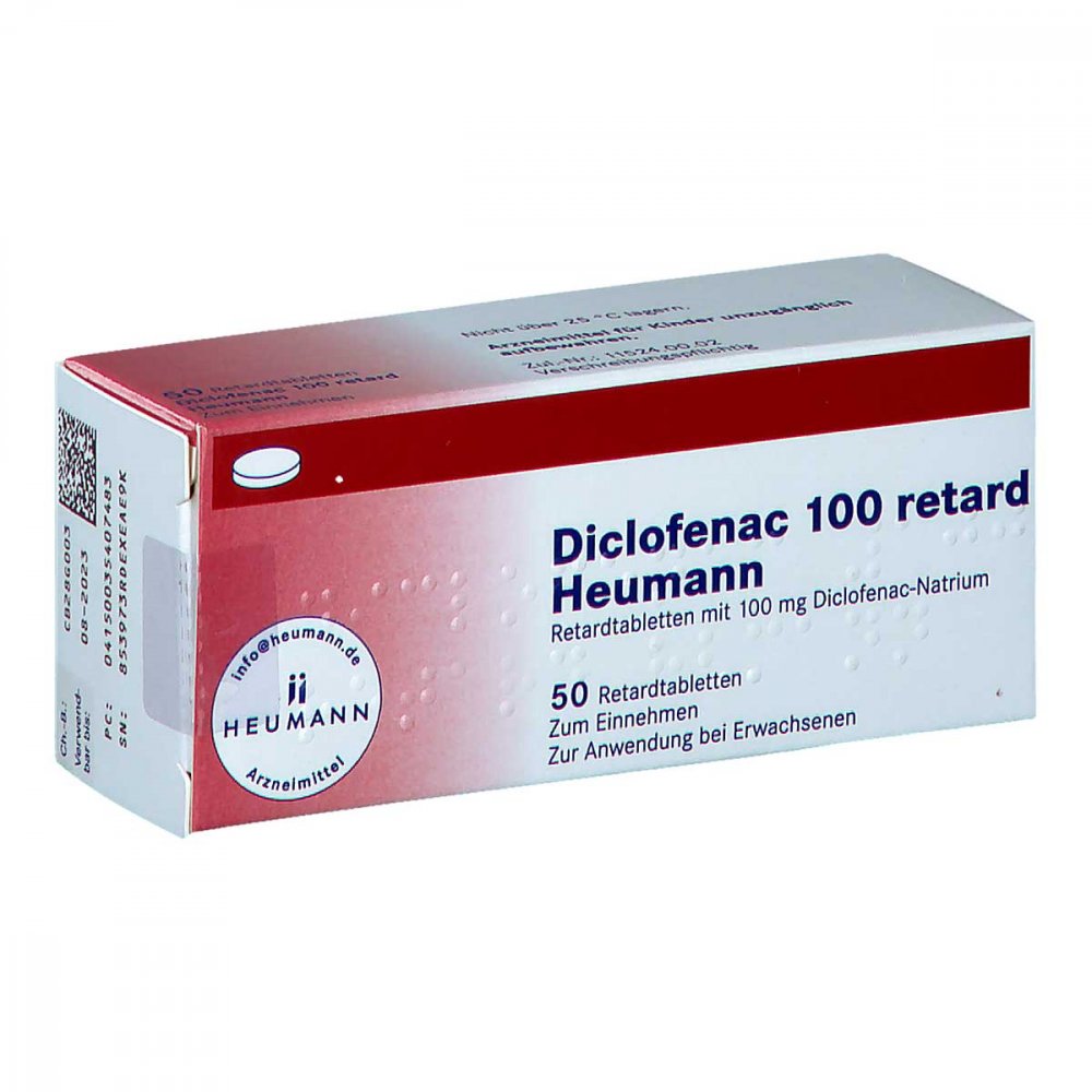 Das Produktfoto zeigt Diclofenac 100 Retard Heumann Tabletten (50 stk) PZN 03540748