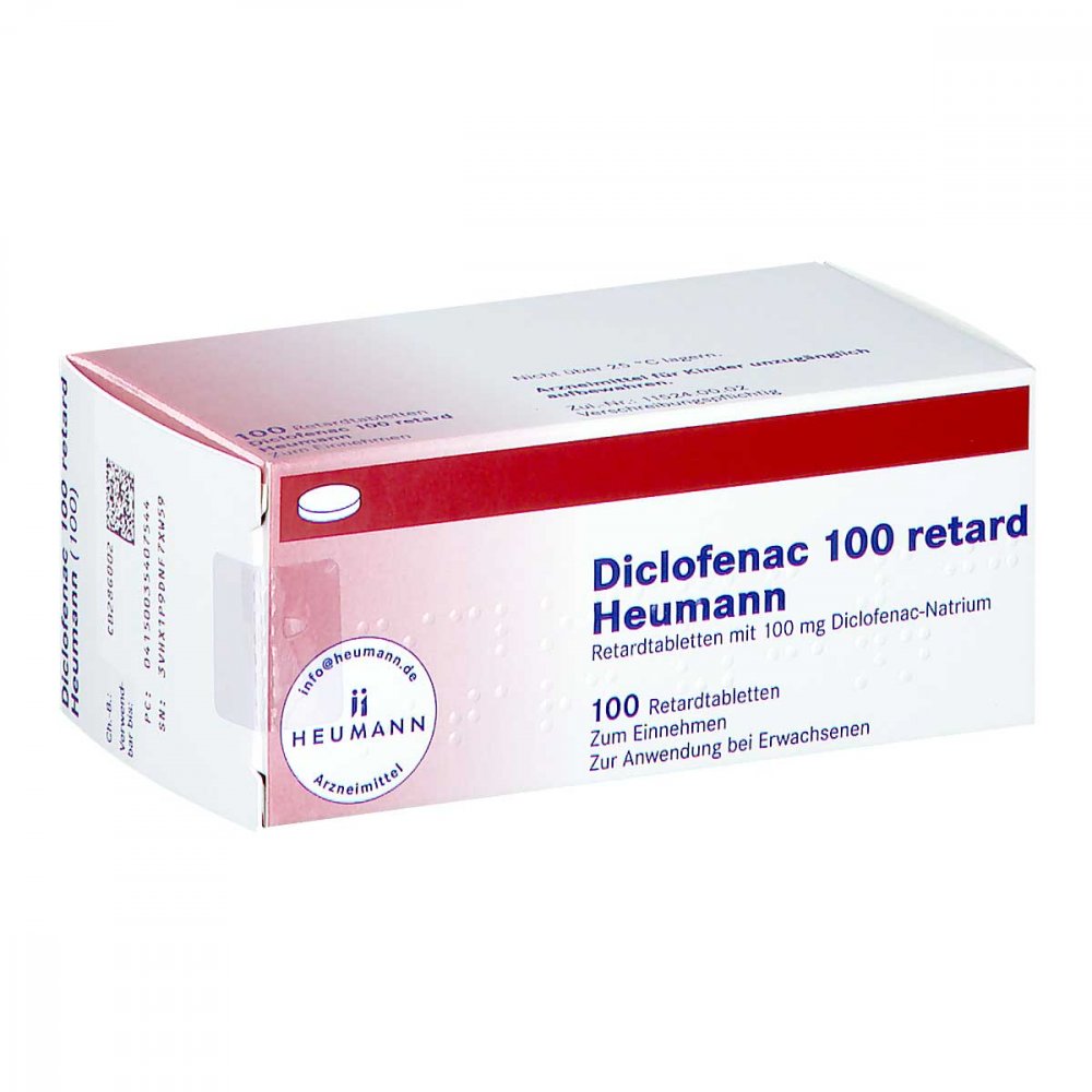Das Produktfoto zeigt Diclofenac 100 Retard Heumann Tabletten (100 stk) PZN 03540754