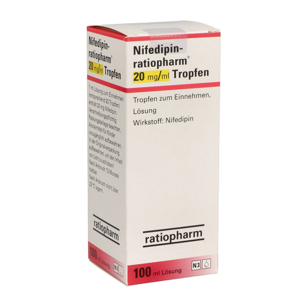 Das Produktfoto zeigt Nifedipin-Ratiopharm 20 Mg/Ml Tropfen Z.Einnehmen (100 ml) PZN 03552295