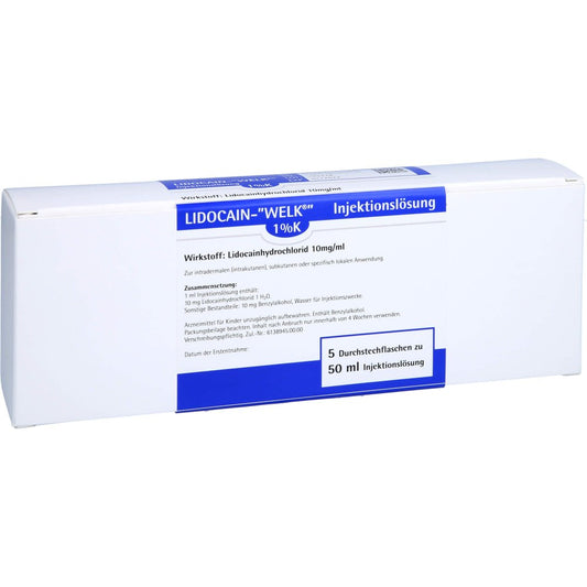 Das Produktfoto zeigt Lidocain Welk 1% K Injektionslösung Dsfl. (5X50 ml) PZN 03563206