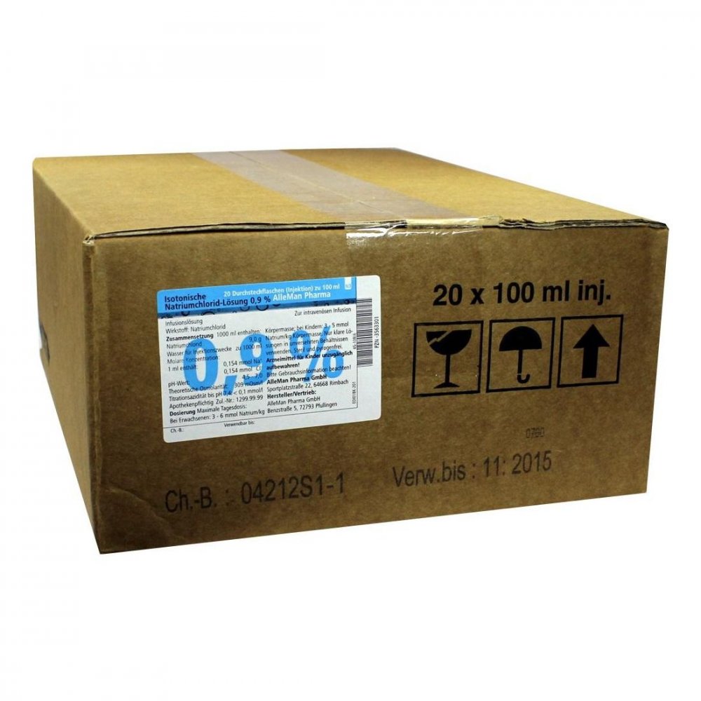 Das Produktfoto zeigt Isotonische Nacl 0,9% Deltam.Injektion Glasfl. (20X100 ml) PZN 03563301