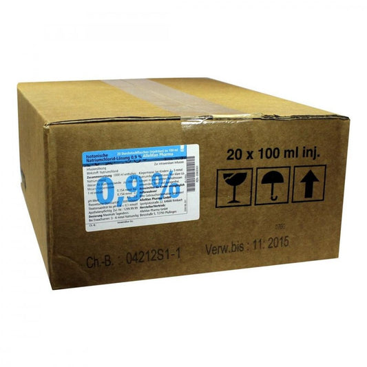 Das Produktfoto zeigt Isotonische Nacl 0,9% Deltam.Injektion Glasfl. (20X100 ml) PZN 03563301