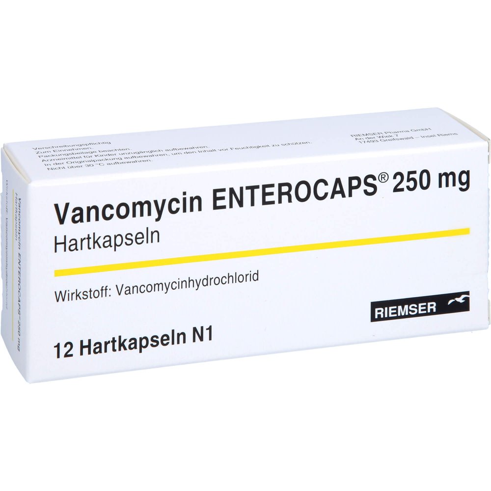 Das Produktfoto zeigt Vancomycin Enterocaps 250 Mg Hartkapseln (12 stk) PZN 03571861
