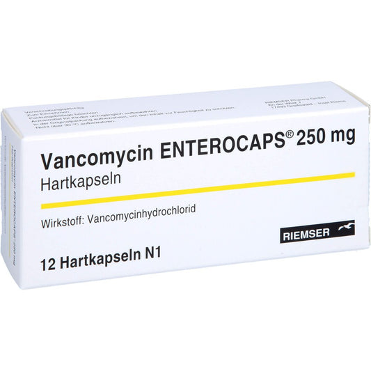 Das Produktfoto zeigt Vancomycin Enterocaps 250 Mg Hartkapseln (12 stk) PZN 03571861