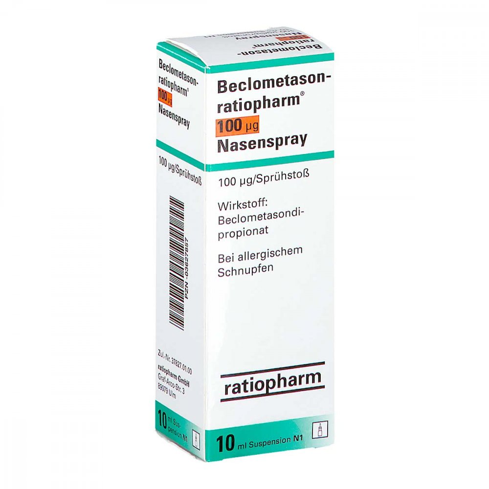 Das Produktfoto zeigt Beclometason-Ratiopharm 100 Μg Nasenspray 80 Hub (1 stk) PZN 03627857
