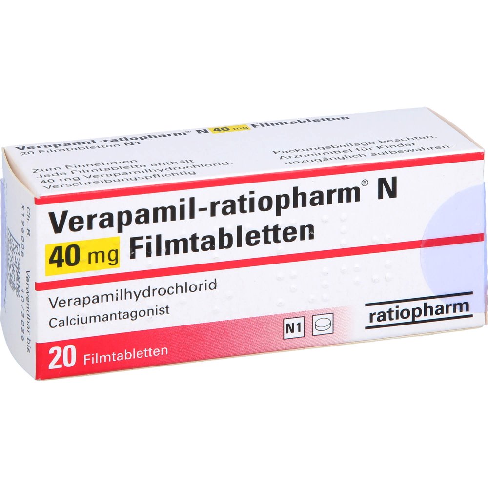Das Produktfoto zeigt Verapamil-Ratiopharm N 40 Mg Filmtabletten (20 stk) PZN 03634047