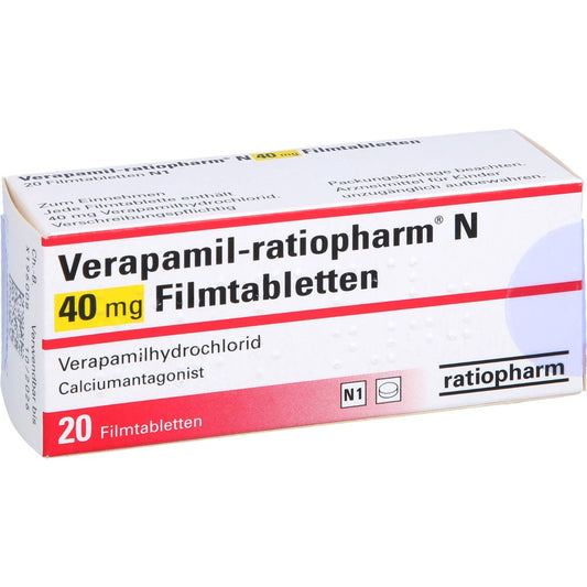 Das Produktfoto zeigt Verapamil-Ratiopharm N 40 Mg Filmtabletten (20 stk) PZN 03634047